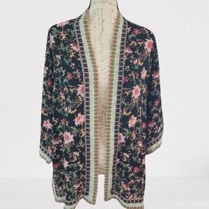 Max Studio Floral Short Kimono Cover Up Black Green Boho Asian Wmn's Med